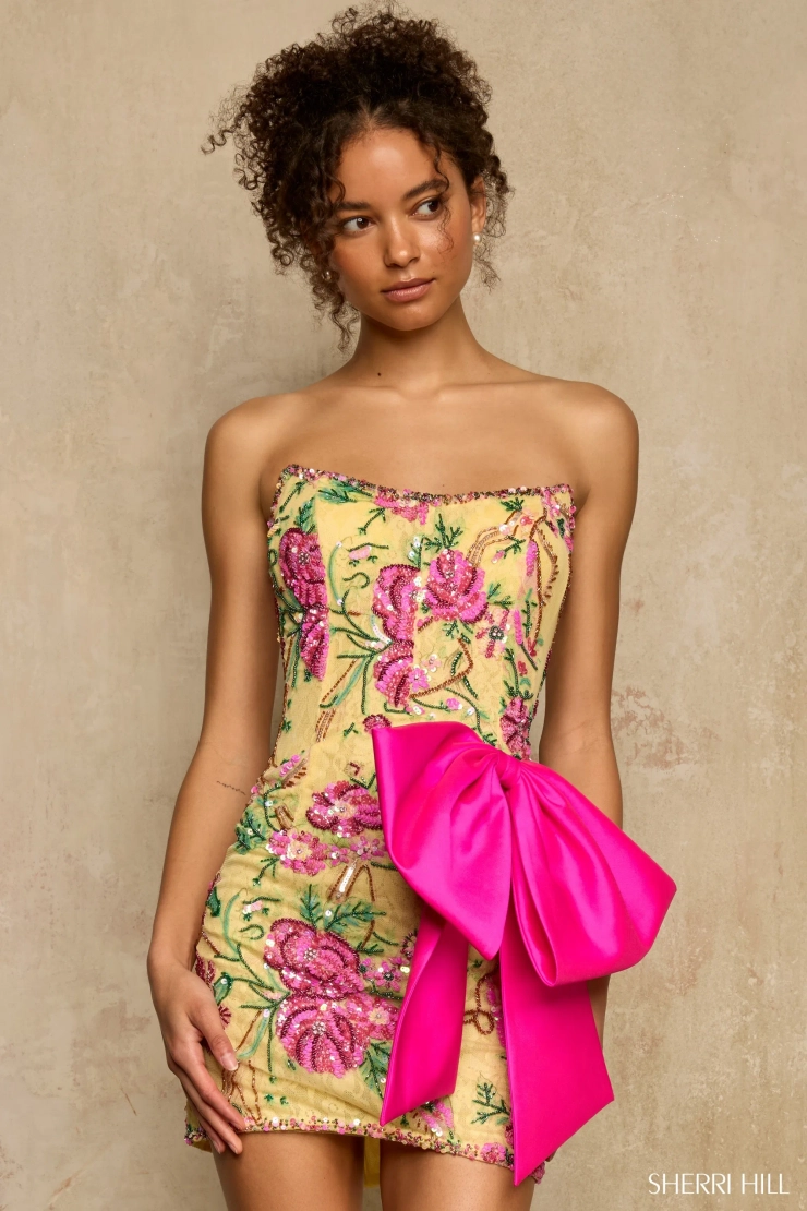 Sherri Hill 58300 #1 Light Yellow Print frontface vertical picture