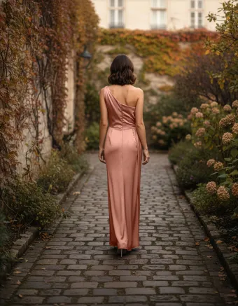 Morilee Style #3030031 Draped One Shoulder Luxe Satin Fit and Flare Bridesmaid Dress #1 default backface vertical thumbnail