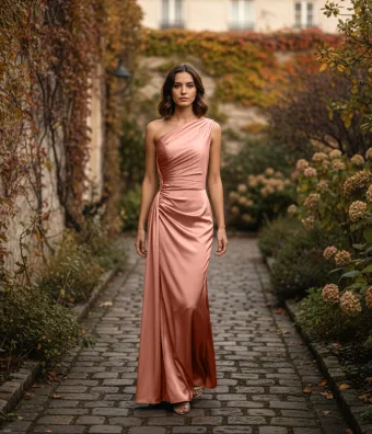 Morilee Style #3030031 Draped One Shoulder Luxe Satin Fit and Flare Bridesmaid Dress #0 default frontface vertical thumbnail