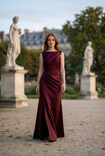 Morilee Style #3030037 Asymmetrically Draped Boat Neck Satin Fit and Flare Bridesmaid Dress #0 default frontface vertical thumbnail