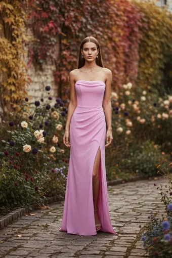 Morilee Style #3030040 Strapless Soft Scoop Draped Chiffon Bridesmaid Dress with Skirt Slit #0 default frontface vertical thumbnail