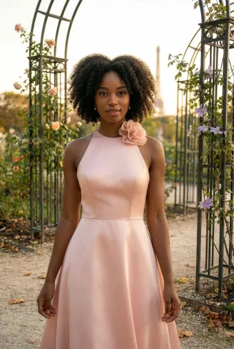 Morilee Style #3030041 Sleeveless Satin Halter Neck Bridesmaid Dress with Floral Pin #2 frontface vertical cropped thumbnail