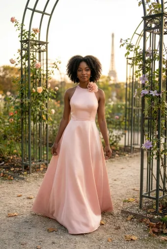 Morilee Style #3030041 Sleeveless Satin Halter Neck Bridesmaid Dress with Floral Pin #0 default frontface vertical thumbnail