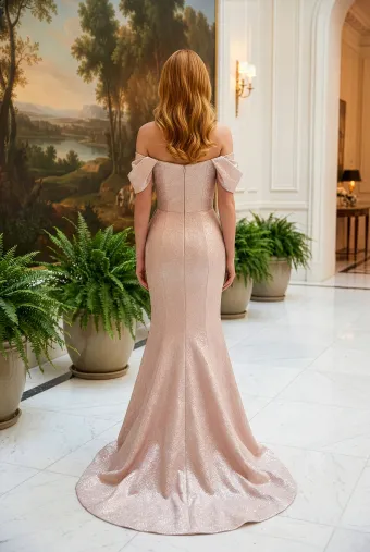MLNY Style #2070035 Metallic Jacquard Fit and Flare Evening Gown with Flroal Threadwork Ruffle Detail #2 backface vertical thumbnail