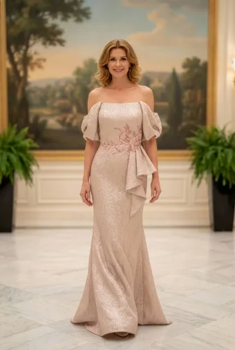 MLNY Style #2070035 Metallic Jacquard Fit and Flare Evening Gown with Flroal Threadwork Ruffle Detail #1 frontface vertical thumbnail