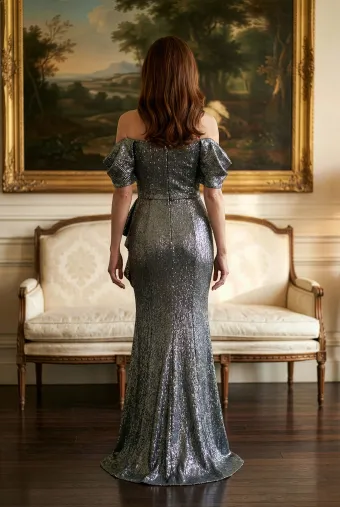 MLNY Style #2070035 Metallic Jacquard Fit and Flare Evening Gown with Flroal Threadwork Ruffle Detail #3 default backface vertical thumbnail