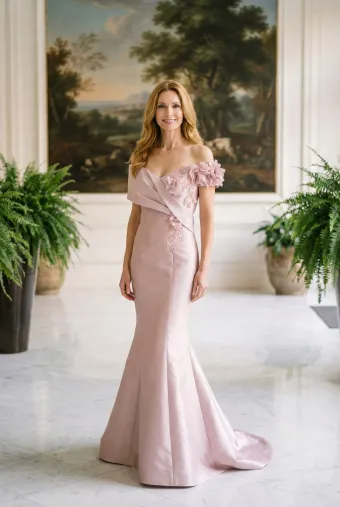 MLNY Style #2070036 Portrait Neckline Mikado Fit and Flare Evening Gown with 3D Florals #0 default frontface vertical thumbnail