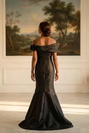 MLNY Style #2070036 Portrait Neckline Mikado Fit and Flare Evening Gown with 3D Florals #3 backface vertical thumbnail