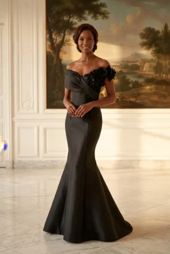 MLNY Style #2070036 Portrait Neckline Mikado Fit and Flare Evening Gown with 3D Florals #1 frontface vertical thumbnail