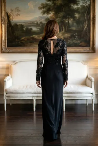 MLNY Style #2070037 Long Sleeve Beaded Chiffon Floral Evening Gown with Draped Crepe Skirt #1 default backface vertical thumbnail