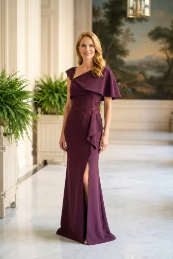 MLNY Style #2070038 Asymmetrical Fold Over Stretch Crepe Evening Gown #1 frontface vertical thumbnail