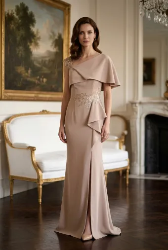MLNY Style #2070038 Asymmetrical Fold Over Stretch Crepe Evening Gown #0 default frontface vertical thumbnail