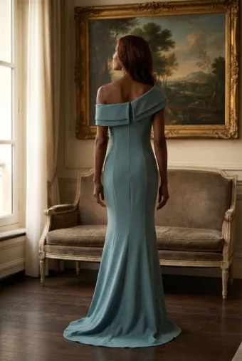 MLNY Style #2070039 Draped Neckline Beaded Floral Fit and Flare Evening Gown #3 backface vertical thumbnail