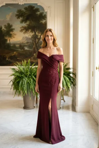 MLNY Style #2070039 Draped Neckline Beaded Floral Fit and Flare Evening Gown #0 default frontface vertical thumbnail