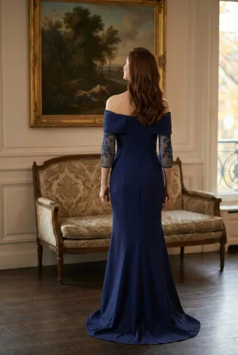 MLNY Style #2070040 Pleated Off The Shoulder Stretch Crepe Evening Gown with Detachable Three-Quarter Sleeves #3 backface vertical thumbnail