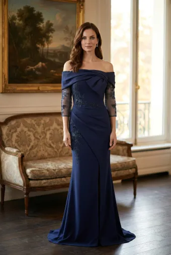 MLNY Style #2070040 Pleated Off The Shoulder Stretch Crepe Evening Gown with Detachable Three-Quarter Sleeves #1 frontface vertical thumbnail