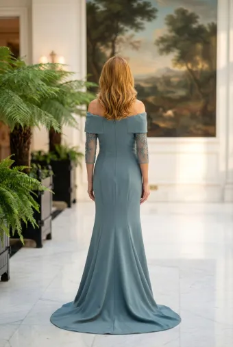 MLNY Style #2070040 Pleated Off The Shoulder Stretch Crepe Evening Gown with Detachable Three-Quarter Sleeves #2 default backface vertical thumbnail