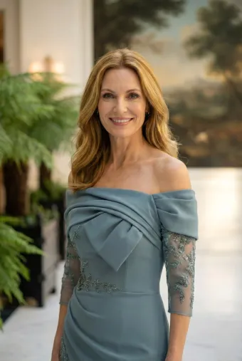 MLNY Style #2070040 Pleated Off The Shoulder Stretch Crepe Evening Gown with Detachable Three-Quarter Sleeves #4 frontface vertical cropped thumbnail