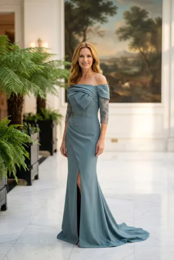 MLNY Style #2070040 Pleated Off The Shoulder Stretch Crepe Evening Gown with Detachable Three-Quarter Sleeves #0 default frontface vertical thumbnail