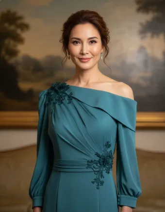 MLNY Style #2070041 Bracelet Sleeve Crepe Evening Dress with One Shoulder Satin Neckline #2 frontface vertical cropped thumbnail
