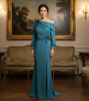 MLNY Style #2070041 Bracelet Sleeve Crepe Evening Dress with One Shoulder Satin Neckline #0 default frontface vertical thumbnail
