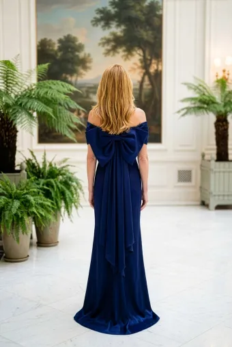 MLNY Style #2070042 Off The Shoulder Satin Sheath Evening Gown with Detachable Bow Back #2 backface vertical thumbnail