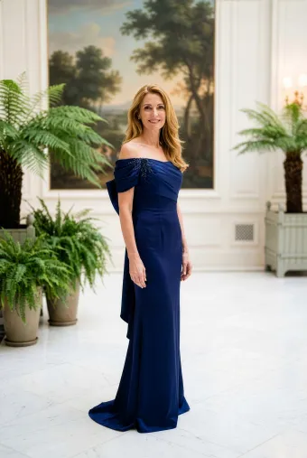 MLNY Style #2070042 Off The Shoulder Satin Sheath Evening Gown with Detachable Bow Back #1 frontface vertical thumbnail