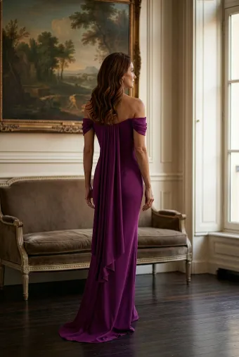 MLNY Style #2070042 Off The Shoulder Satin Sheath Evening Gown with Detachable Bow Back #3 default backface vertical thumbnail