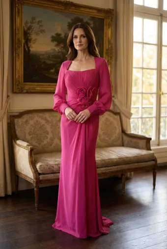 MLNY Style #2070043 Tapered Neckline Pleated Bodice Evening Gown with Rosettes #1 frontface vertical thumbnail