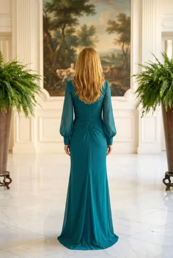 MLNY Style #2070043 Tapered Neckline Pleated Bodice Evening Gown with Rosettes #2 default backface vertical thumbnail