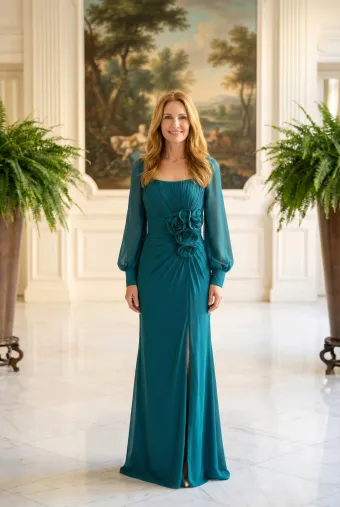 MLNY Style #2070043 Tapered Neckline Pleated Bodice Evening Gown with Rosettes #0 default frontface vertical thumbnail