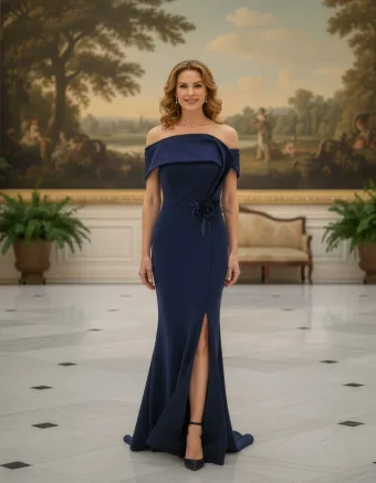 MLNY Style #2070044 Sculpted Off The Shoulder Stretch Crepe Evening Gown #0 default frontface vertical thumbnail