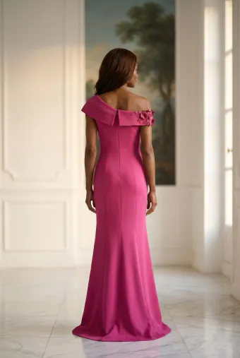 MLNY Style #2070045 One Shoulder 3D Beaded Floral Crepe Fit and Flare Evening Gown #3 backface vertical thumbnail