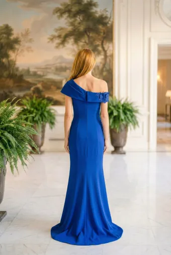 MLNY Style #2070045 One Shoulder 3D Beaded Floral Crepe Fit and Flare Evening Gown #2 default backface vertical thumbnail