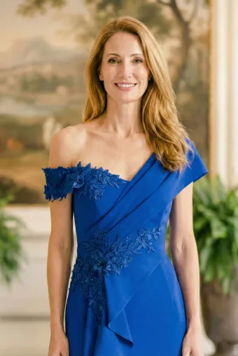 MLNY Style #2070045 One Shoulder 3D Beaded Floral Crepe Fit and Flare Evening Gown #4 frontface vertical cropped thumbnail