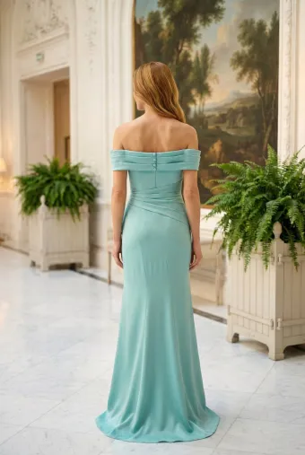 MLNY Style #2070046 Off The Shoulder Cascading Ruffle Satin Fit and Flare Evening Gown #3 backface vertical thumbnail