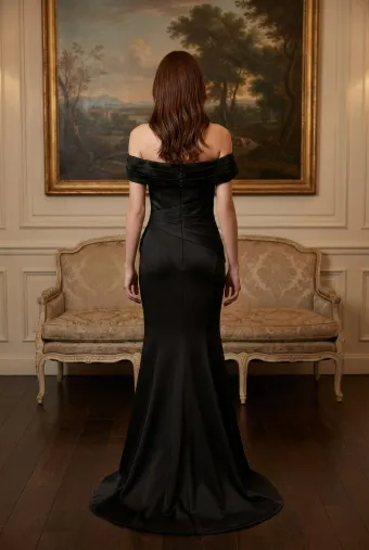 MLNY Style #2070046 Off The Shoulder Cascading Ruffle Satin Fit and Flare Evening Gown #2 default backface vertical thumbnail