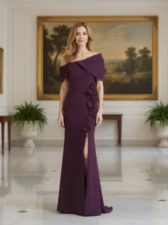 MLNY Style #2070047 Asymmetric Twist Neck Evening Gown with 3D Flowers #1 frontface vertical thumbnail