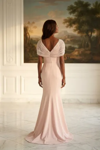 MLNY Style #2070048 V-Neck Crepe Evening Gown with Beaded Chiffon Cap Sleeves #2 backface vertical thumbnail