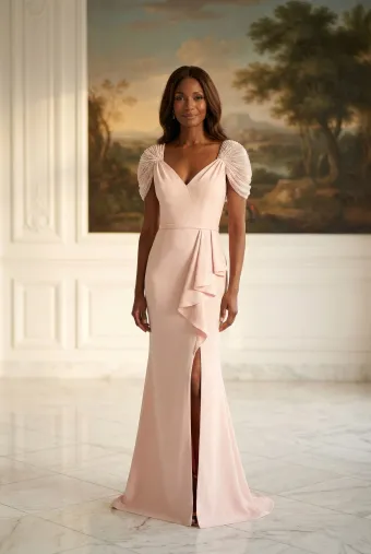 MLNY Style #2070048 V-Neck Crepe Evening Gown with Beaded Chiffon Cap Sleeves #1 frontface vertical thumbnail
