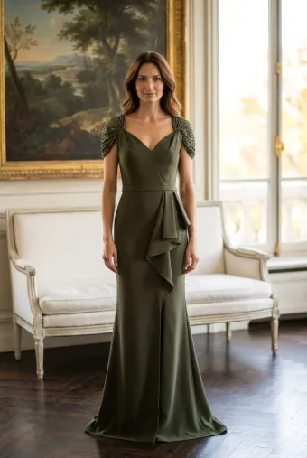 MLNY Style #2070048 V-Neck Crepe Evening Gown with Beaded Chiffon Cap Sleeves #0 default frontface vertical thumbnail