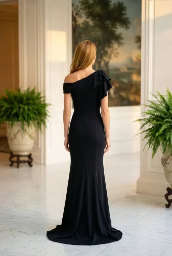 MLNY Style #2070049 Draped One Shoulder Stretch Crepe Evening Gown #1 default backface vertical thumbnail