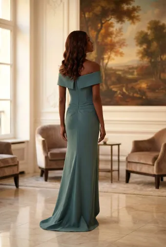 MLNY Style #2070050 Portrait Neckline Cascading Ruffle Fit and Flare Evening Gown with Beaded Appliqué #3 default backface vertical thumbnail