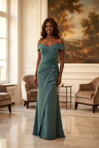 MLNY Style #2070050 Portrait Neckline Cascading Ruffle Fit and Flare Evening Gown with Beaded Appliqué #0 default frontface vertical thumbnail