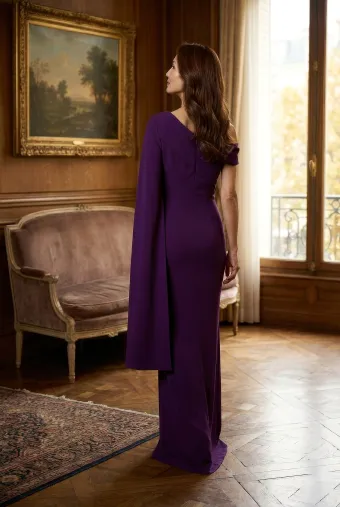 MLNY Style #2070051 One Shoulder Split Sleeve Stretch Crepe Evening Gown with Floral Appliqués #3 backface vertical thumbnail