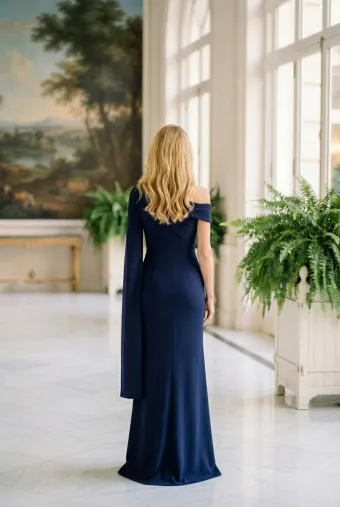 MLNY Style #2070051 One Shoulder Split Sleeve Stretch Crepe Evening Gown with Floral Appliqués #2 default backface vertical thumbnail
