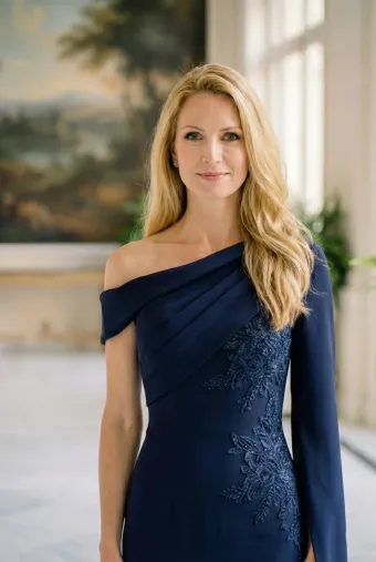 MLNY Style #2070051 One Shoulder Split Sleeve Stretch Crepe Evening Gown with Floral Appliqués #5 frontface vertical cropped thumbnail