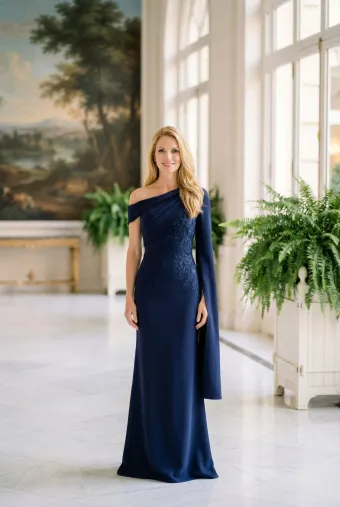 MLNY Style #2070051 One Shoulder Split Sleeve Stretch Crepe Evening Gown with Floral Appliqués #0 default frontface vertical thumbnail
