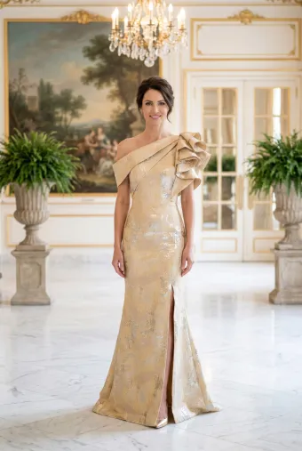 MLNY Style #2070052 Ruffled One Shoulder Jacquard Evening Gown with Skirt Slit #0 default frontface vertical thumbnail