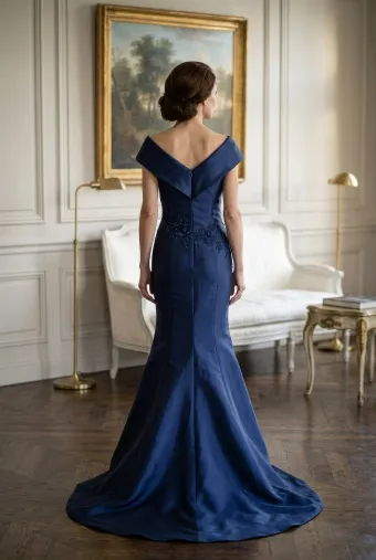 MLNY Style #2070053 V-Neck Mikado Mermaid Evening Gown with Pleated Detailing #2 backface vertical thumbnail